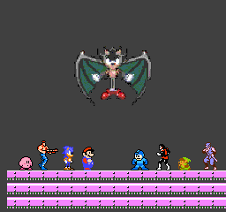 Mega Man Crossover Final Battle by tAll3ShyguySkullLand
So a winged Shadow is the final boss of this mashup, it seems.  Interesting note about the cast of characters below, it seems to be the cast of Super Mario Crossover, though with a different Mario sprite, and also the addition of Kirby.  Interestingly, I checked out TheExplodingRabbit to see if Kirby was added as a new character.  No sign of Kirby... but there was a trailer announcing a new version coming with the addition of Sophia the 3rd from Blaster Master!
