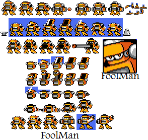 Fool Man Spritesheet by Hfbn2
When I first saw Fool Man, I wasn't quite sure what to make of him.  Thus, the artist was kind enough to show me a sprite sheet, showing his abilities and jack-in-the-box nature.
