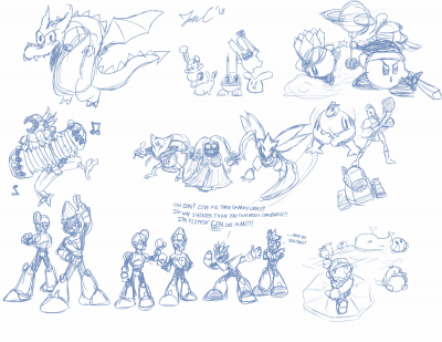 Sketch Page for Roahm by Jon Causith
A page of various requests and interests of mine that Jon made for me!  Grim Matchstick, Kass, Ice Mario, my favorite Kirby powers and Pokemon, shiny Robot Masters, and of course bunnies!
