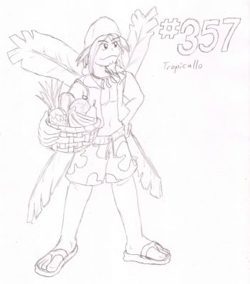 357 - Tropicallo
A coastal resident, Tropicallo the Tropius makes his living by harvesting and selling fruit.  A laid back sort, he spends most of his spare time at the beach.
