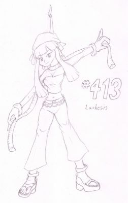 413 - Lachesis
Lachesis the Wormadam (Trash Cloak) is the middle sister of a trio of fashion designers.  Their shop, Sinnoh Sensations, draws customers from all over the land.  Lachesis tends to focus on sharp, modern designs, liking to incoporate metal accessories in her looks.

