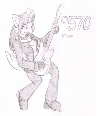 570 - Vixen
Vixen the Zorua is a guitarist for a band at a local club.  Sister of Angel the Vulpix, she is a bit wilder of a personality, enjoying the nightlife.  In her solo work, she performs entrancing covers of various artists (a reference to Zorua's Illusion ability, tee hee).  An artist note, I drew this while listening to "Waiting for You (Live from Heaven's Night)," I think the song fits her pretty well.
