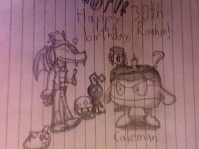 Happy Birthday by GeorgeTheRaccoon
After all my Perfect Runs, I should have enough blade-type weapons to deal with Cake Man there.  Plenty for everyone, including the Mettaur, Shadow, Rabbite, and Eirin!
