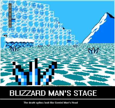 Blizzard Man's Stage by Bowserslave
Pfft, I never noticed that about the spikes in Blizzard Man's stage.  I've certainly heard the trouble caused by that blasted boat though.

