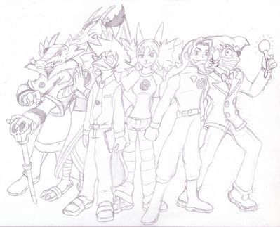 World Three
The original World Three from Rockman.EXE.  Fyrendyse as Hinoken, Modemeter as Higure, Kendra as Madoi, Abotu as Elec Hakushaku, Roahm as Mahajarama, and Niles as Wily.  Modemeter and Abotu (c) C. Hersey, Fyrendyse, Kendra, Roahm, Niles (c) R. Mythril, Rockman.EXE (c) Capcom
