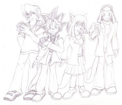 Yu-Gi-Oh!
The main group from Yu-Gi-Oh!  Paul as Yugi, Steven as Joey, Mina as Tea, and Xander as Tristan.  Steven and Mina (c) C. Hersey, Paul and Xander (c) R. Mythril, Yu-Gi-Oh! (c) Konami
