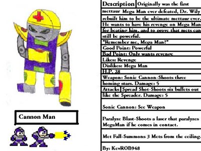 Cannon Man by KevROB948
This Robot Master seems to have a bit of a backstory.  So this is the first Met that Mega Man ever defeated, way back in Guts Man's stage?  My, how he's grown!
