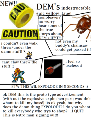 DEMs Indestructible Epic Tape by ioddandodd
During my Silent Hill 2 videos, there was an area with yellow caution tape stretched across a passage.  Just to be silly, I tried cutting it with the chainsaw... and it bounced off.  Chainsaw proof tape, what will they think of next?
