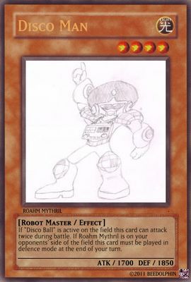 Disco Man by beedolphin
One of my original Robot Master designs, Disco Man here came about from a bit of a challenge within Coatpockets, coming up with a "Groove Man" Robot Master design.  Mine went more of a disco route, so when they came up with a different idea, Disco Man was born.
