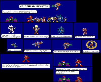 Distraction by GandWatch
When BlisseyChan sent me fan art of several of my nightmare robot masters wanting a rematch, I mentioned a huge distracting thing in an effort to escape.  GandWatch imagined it as Jewel Man, shining brilliantly.  It's distracting..... but also.... so very entrancingly shiny...
