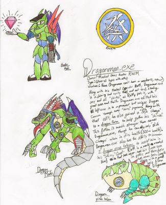 DragonMan EXE by ZakkiOrichalcum
An original Navi based upon the Dragon Man Robot Master concept, as devised by JUN0TheF0X.  Seemingly this is his vision of my personal Navi, even including my Green Dragon emblem as an insignia.  It claims me to be a bad guy, buuuut....  I like to think I'm just doing undercover work or something, I'm really not a bad person ^_^;
