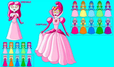 Dressilk and Chiffown by EvilMariobot
A concept for a new Pokémon!  This one is a Fairy / Ghost type, based on the idea of haunted dresses and gowns.  I'd probably be tempted to train all the different colors.  Heck, I'm already doing so with Florges...

