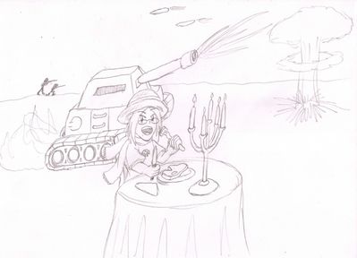 Eating Steak During Battle
This ridiculous image came about during a weekend broadcast.  Shagg had been playing Star Ocean at the time, and bemoaned the fact that you can't eat steak during battle.  I couldn't help but imagine it being a convoluted process, the sillier the better... and this happened.
