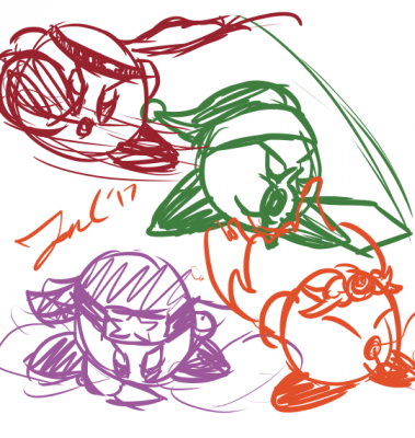 A Few More Kirbys by Jon Causith
This time the randomizer was in a battle mood, as we got Fighter, Sword, Ninja, and Fire.
