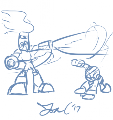 Fire Man vs Mega Man by Jon Causith
A nice dymaic shot of a battle between the FLAMES OF JUSTICE and the Blue Bomber.
