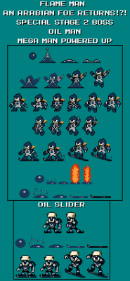 Oil Man PU Spritesheet by mariofan96
A sprite sheet for the Powered Up incarnation of Oil Man!  This is for mariofan96's fan game concept starring Flame Man.  Just saying, Flame Man riding Oil Slider seems like it can only end in disaster...
