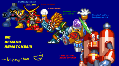 From Your Best Friends by Blisseychan
This was sent in by Blisseychan, an arrangements of some of the most problematic Robot Masters I've dealt with thus far... and they want rematches........  I'm worried.
