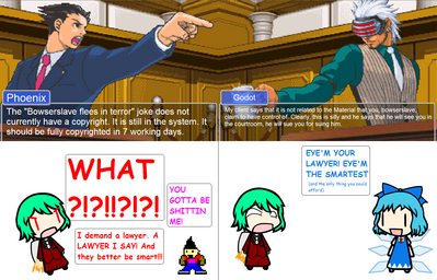 Geez by Bowserslave
Evidently, some sort of sudden Phoenix Wright battle broke out in the forums recently...  But does Cirno even HAVE a law degree?
