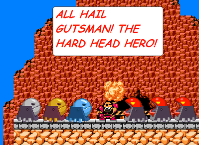 Hard Head Hero by Bowserslave
On Mega Man Powered Up, there is a challenge for Guts Man entitled Hard Head Hero.  Looks like he has some fans!

