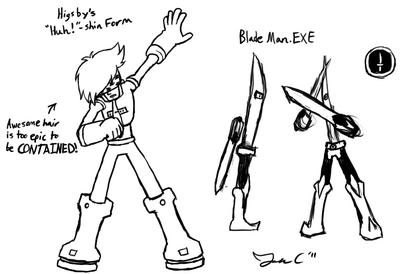 Higsby and the Blade by Jon Causith
Here we have a two part image.  First we have something I always wanted to see in the EXE anime, Cross Fusion Higsby!  The decision to leave his awesome hair free and use the NumberMan grid as a visor looks very cool indeed.  We also have a Navi design for Blade Man!
