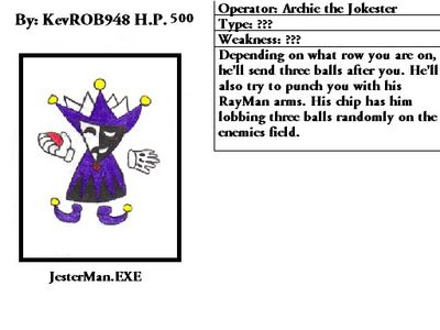 JesterMan EXE by KevROB948
Here we have a Navi design for KevROB948's Jester Man.  Poor Clown Man, he'll never get a Navi counterpart XD
