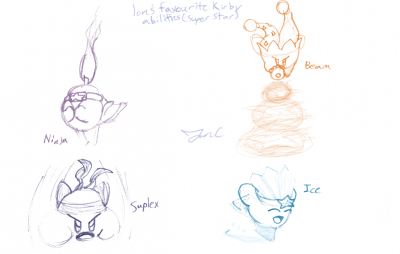 Jon's Favorite KSS Abilities by Jon Causith
Here we have Jon's favorite abilities from Kirby Super Star.  Ninja, Beam, Suplex, and Ice are definitely some nice, stylish ones, and even shares two of my favorites.
