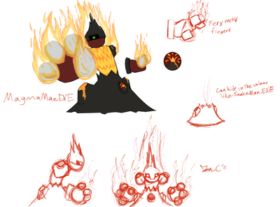 MagmaMan EXE by Jon Causith
Here we have a nicely stylish design for a MagmanMan.EXE.  A living volcano, he looks quite intimidating!
