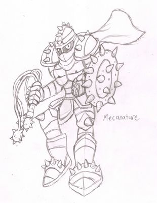 Mecanature
Here we have a morphic version of Kit's Ferrothorn, Mecanature.  This one was a bit tricky to envision, a robotic knight with a flail representing his tendrils, and a shield representing his disc form.  And spikes, lots and lots of pynty spikes.
