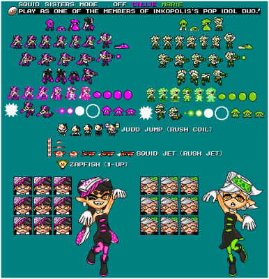Callie and Marie Sprites by MarioFan96
The extra cameo battles in Super Fighting Robot inspired MarioFan96 to make these custom MM style sprites of the Squid Sisters.  Stay fresh!

