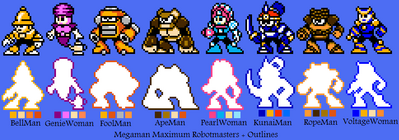 Mega Man Maximum Outlines by Hfbn2
Here we have a set of outlines of the Robot Masters from the artist's fan game.  It's the same sort of style used in things like the MM10 promo video.
