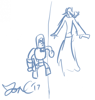 Mr. Freeze and Nora - Tired Edition by Jon Causith
So Jon wanted to draw these two, and did so right before going to bed.  Tired drawing is a beautiful thing.
