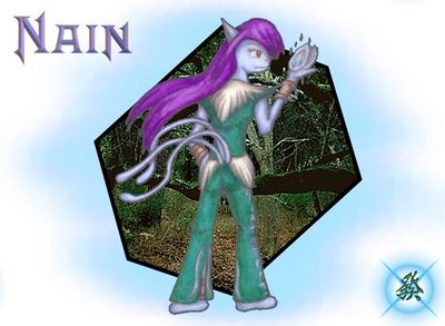 Nain
One of the few survivors of a now dead world, Nain is a Kith.  Skilled in the use of powerful ice magic, she seems outwardly cold to those around her.  She is usually only open with her fellow survivor and mate, Ia.  Nain (c) C. Hersey

