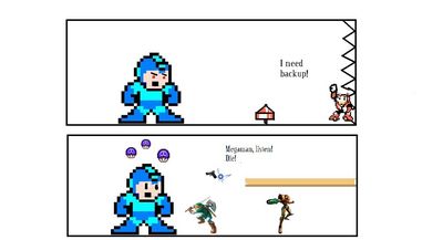 Need Backup by jackrc11
There are few things you can do when confronted with a giant Mega Man...  This is one of them.
