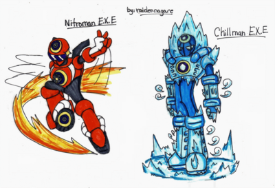NitroMan EXE & ChillMan EXE by Raiden
Quite stylish, these two, Raiden gave them a good ammount of personality.  I love NitroMan's victory pose, and ChillMan's cold stare and frosty whisps.  These indeed look like good, solid designs, I quite like them ^_^
