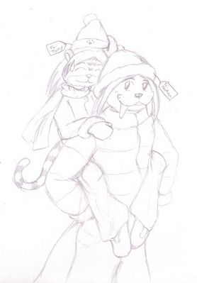 Of Wool and Floofy Hair
The idea of a nice warm wool hat for his mate was nice, but Nathan forgets Tony has problems with static cling.  Well, that or he's just amused by how cute the kitty looks.  Nathan (c) C. Hersey, Tony (c) R. Mythril
