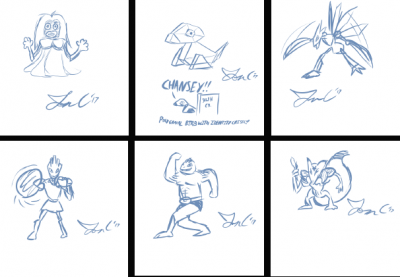 Original Kanto Team From Memory by Jon Causith
Sometimes Jon likes to test himself by drawing characters from memory.  This time, he tested himself by drawing my original Kanto Pokemon Team of Kadabra, Machoke, Hitmonchan, Jynx, Scyther, and Porygon.  He did pretty nicely!
