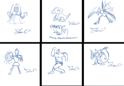 Original Kanto Team From Memory by Jon Causith
Sometimes Jon likes to test himself by drawing characters from memory.  This time, he tested himself by drawing my original Kanto Pokemon Team of Kadabra, Machoke, Hitmonchan, Jynx, Scyther, and Porygon.  He did pretty nicely!
