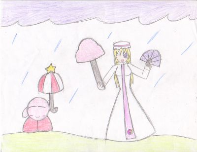 Parasol Kirby by GoldNTearuka
It seems Yukari has taken an interest in Kirby's abilities.  I guess it would have to be either her or Kogasa.
