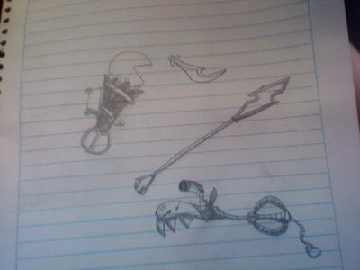 Keyblades by GeorgeTheRaccoon
Here we have a keyblade based upon Suwako, Toad Man, Sanae, Kanako, and Bodger (quite a group, that!), as well as one based upon Tauro.
