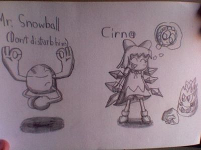 Snow and Ice by GeorgeTheRaccoon
Here we have quite a cute rendition of Cirno, as well as a meditating snowball guy.  Don't mess with him.
