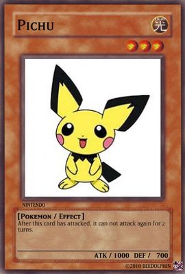 Pichu by beedolphin
Poor Pichu, the effect of this card calls in the fact that it can't quite control its own electricity, so each turn it attacks, it paralyzes itself for a bit.
