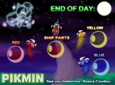 Pikmin Outro Card by Neo
For the Outro card, Neo placed some info bubbles so I could keep track of numbers of Pikmin, parts, and days passed.  The end result I think looked very nice, and I loved the touch of my friends in the stars, as if I was trying to get back to them.  It made for quite a nice image!
