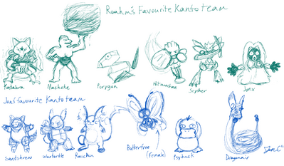 Pokemon Kanto Teams by Jon Causith
In discussing favorites from games, Jon and I ended up comparing our favorite Pokemon of each region.  And thus new art was born!  Here we have our favorite Pokemon of the Kanto region.  Some interesting choices on both sides I think, and my old Hitmonchan still has a good place usually in my current battles!
