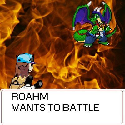 Roahm Wants to Battle by Drew
Drew used a sprite I drew of myself as a Pokemon trainer, adding to it a modification he did to make his own trainer sprite, and it seems we're about to have an epic battle...  Just keep those Missingno. you've been experimenting with away from me...
