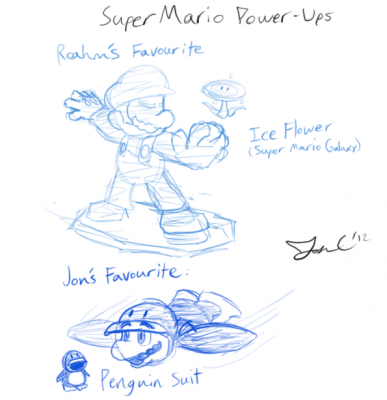 Roahm and Jon's Favorite Mario Power-ups by Jon Causith
I loved the Ice Flower in Galaxy 1.  That's the only thing really about Galaxy 2 I didn't like, that it kept the freaking Spring Shroom over a far more useful and fun powerup.  Jon meanwhile seems to be a fan of penguins!
