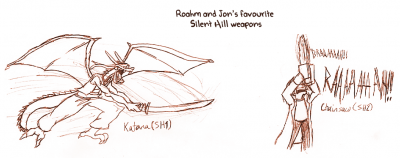 Favorite Silent Hill Weapons by Jon Causith
For me, it's hard to beat the SH1 katana.  It's the only way to fly!  Jon can't resist the sheer awesome that is the SH2 chainsaw.  Crazy screams for everyone!
