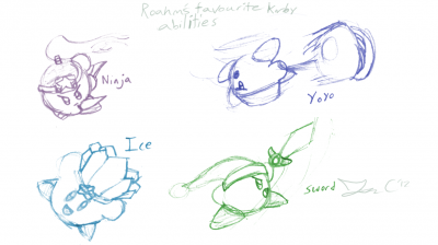 Roahm's Favorite Kirby Abilities by Jon Causith
I got to use all my favored abilities during the Arena project I did with Kit, Shagg, and Pink.  Thus, I got to enjoy Ninja, Ice, Yo-yo, and Sword.  I always did like such stylish abilities, and really wish Yo-yo would come back.

