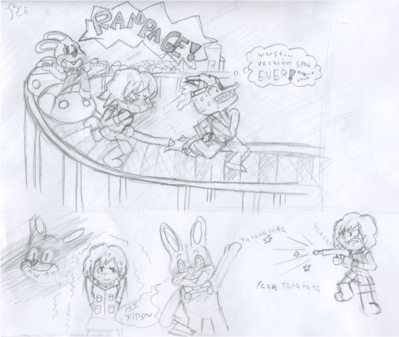 SH3 Random Doodles by Bailey Cowell-fong
Silent Hill 3 is filled with all sorts of craziness. not the least of which is that freaking creepy rabbit, Robbie.  I definitely need to fire my travel agent!
