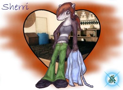 Sherri
An adorable ferret girl, Sherri works as an archaeologist.  However, she would much rather spend time with her love, Kelly.  Soft, cheerful, and friendly by nature, Sherri is liked by almost everyone she meets.  Sherri (c) C. Hersey
