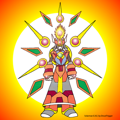 SolarMan EXE by DroutTrigger
This rendition of SolarMan has a nice, regal look, seems to perhaps have sort of an Aztec priest look or such.  Very flashy and radiant.
